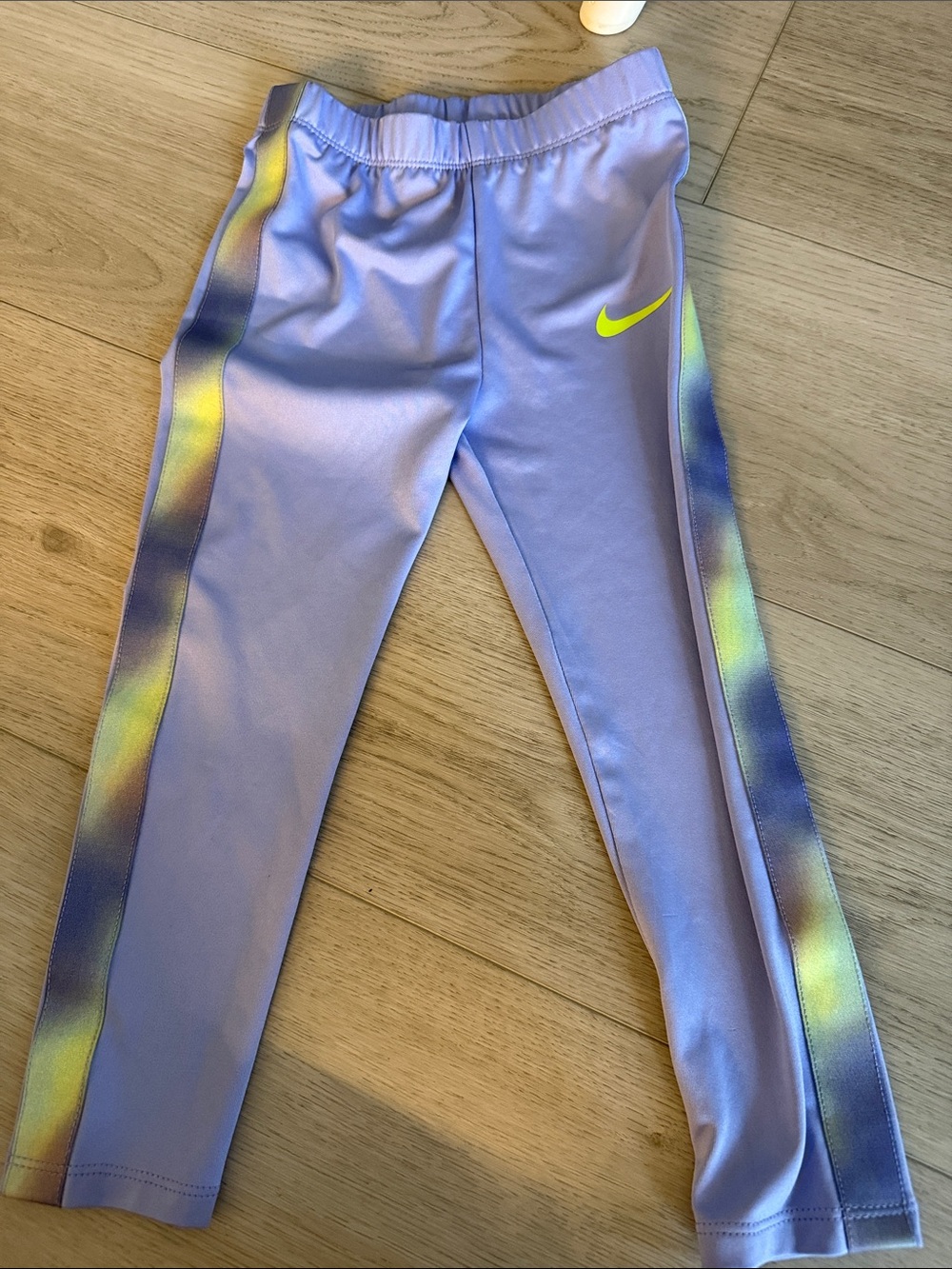 Nike Lavender Girls' Leggings with Neon Yellow Swoosh and Gradient Side Stripes